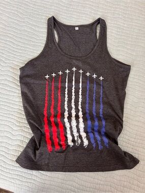 Women's Dark Gray Graphic Racerback Tank Top with Red, White & Blue Flying Jets.